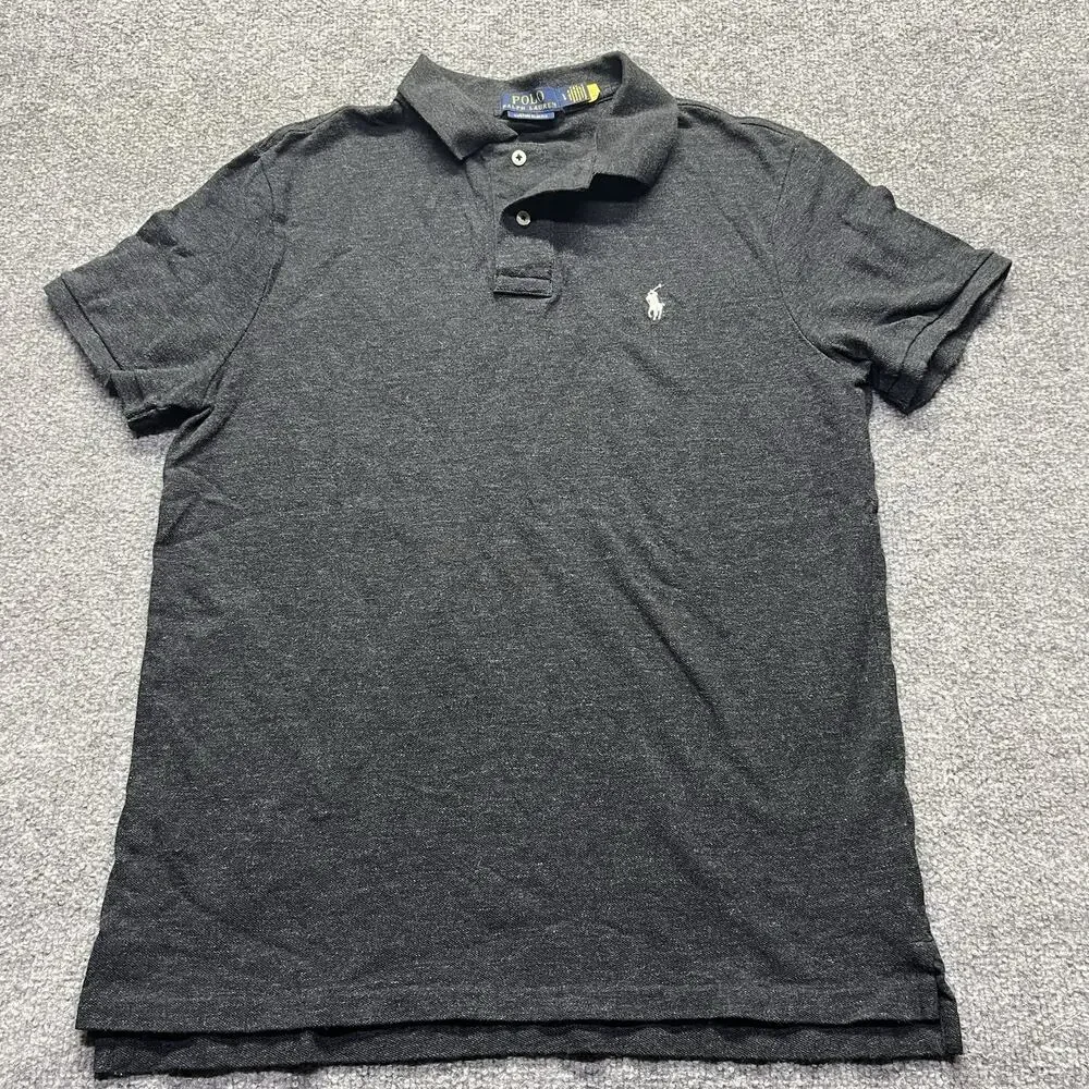 Polo Ralph Lauren Mens Large Dark Charcoal Grey Custom Slim Fit Mesh Polo Shirt